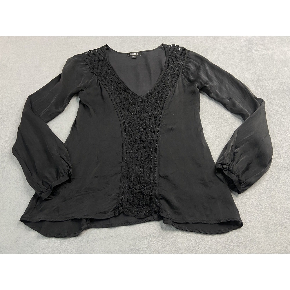 Vintage Y2K‎ Bebe Top Shirt Black Small Lace Silk Victorian Goth Sexy Romantic